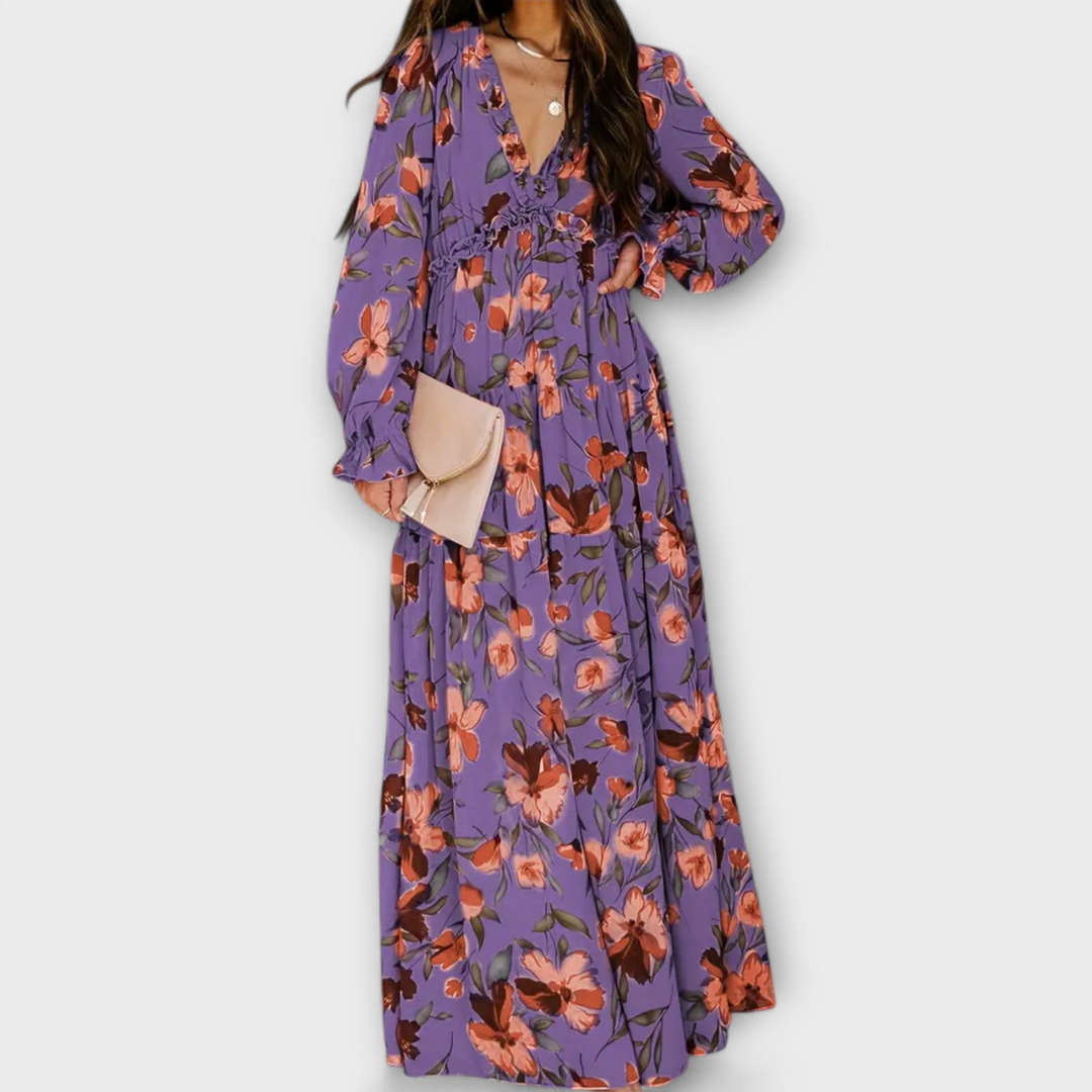 Effortless Floral Print Maxi Dress for Women with Surplice Neck Balloon Sleeve Ruffle Tiered Style