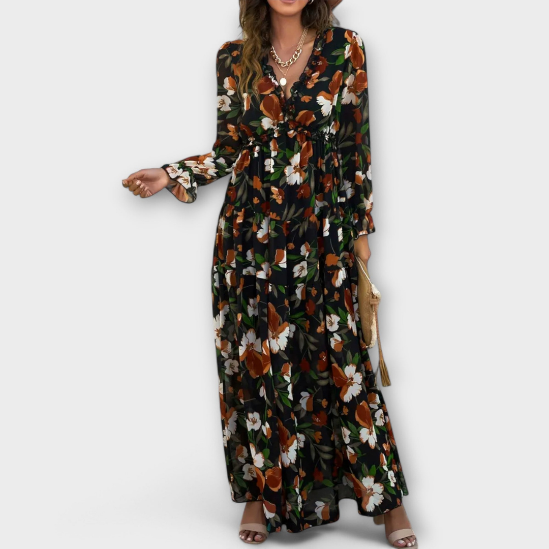Effortless Floral Print Maxi Dress for Women with Surplice Neck Balloon Sleeve Ruffle Tiered Style