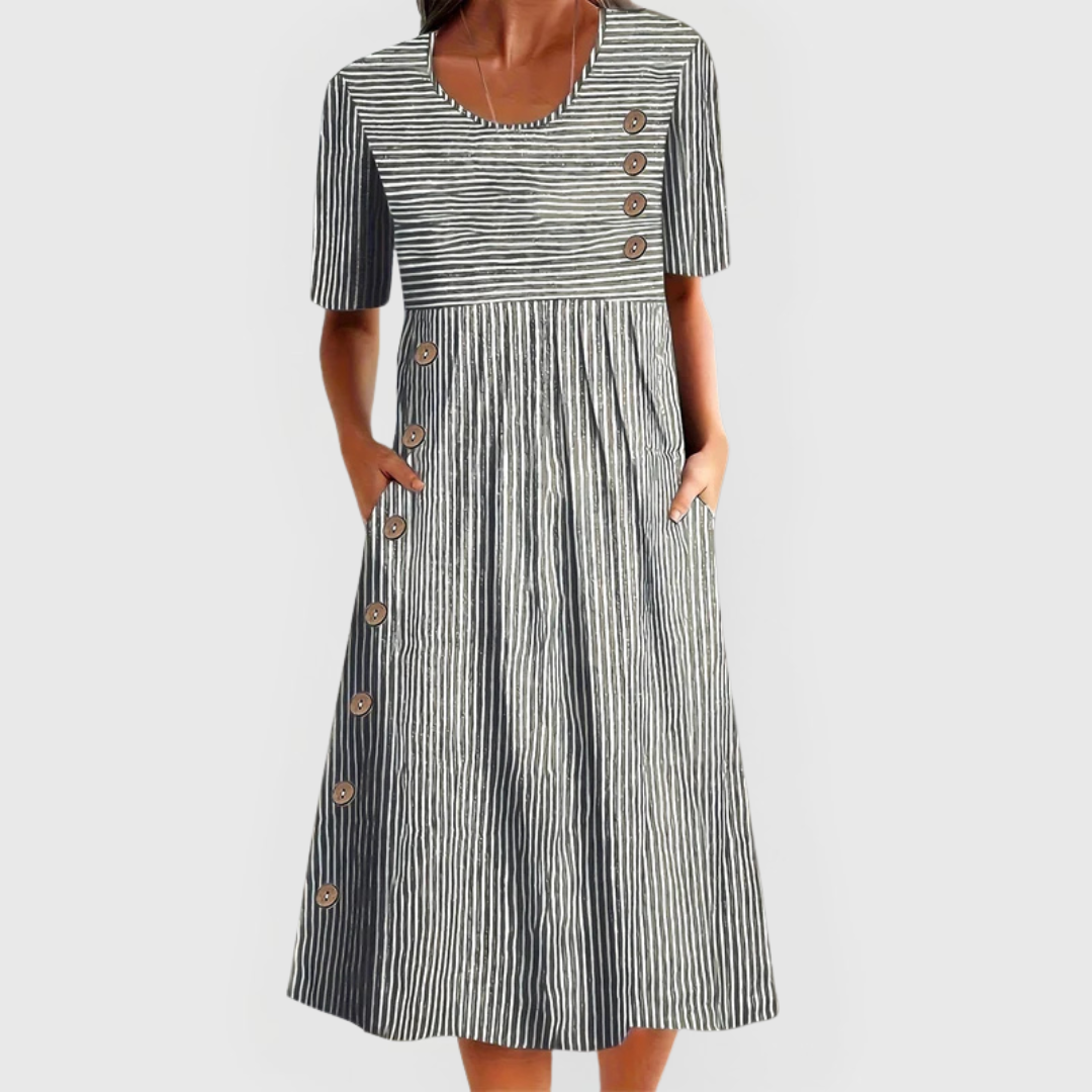 Wren | Linen Striped Button Trim Scoop Neck Pocket Midi Dress