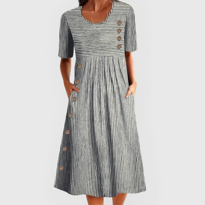 Wren | Linen Striped Button Trim Scoop Neck Pocket Midi Dress