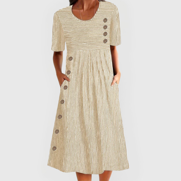 Wren | Linen Striped Button Trim Scoop Neck Pocket Midi Dress