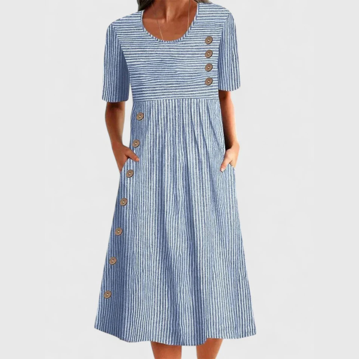 Wren | Linen Striped Button Trim Scoop Neck Pocket Midi Dress