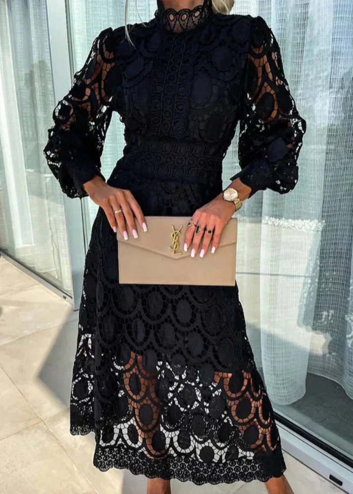 Elegant Lace Midi Dress for Women with Mock Neck Long Sleeve Belted Waist Formal Wedding Guest Style