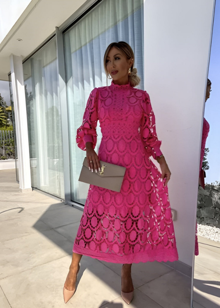 Elegant Lace Midi Dress for Women with Mock Neck Long Sleeve Belted Waist Formal Wedding Guest Style
