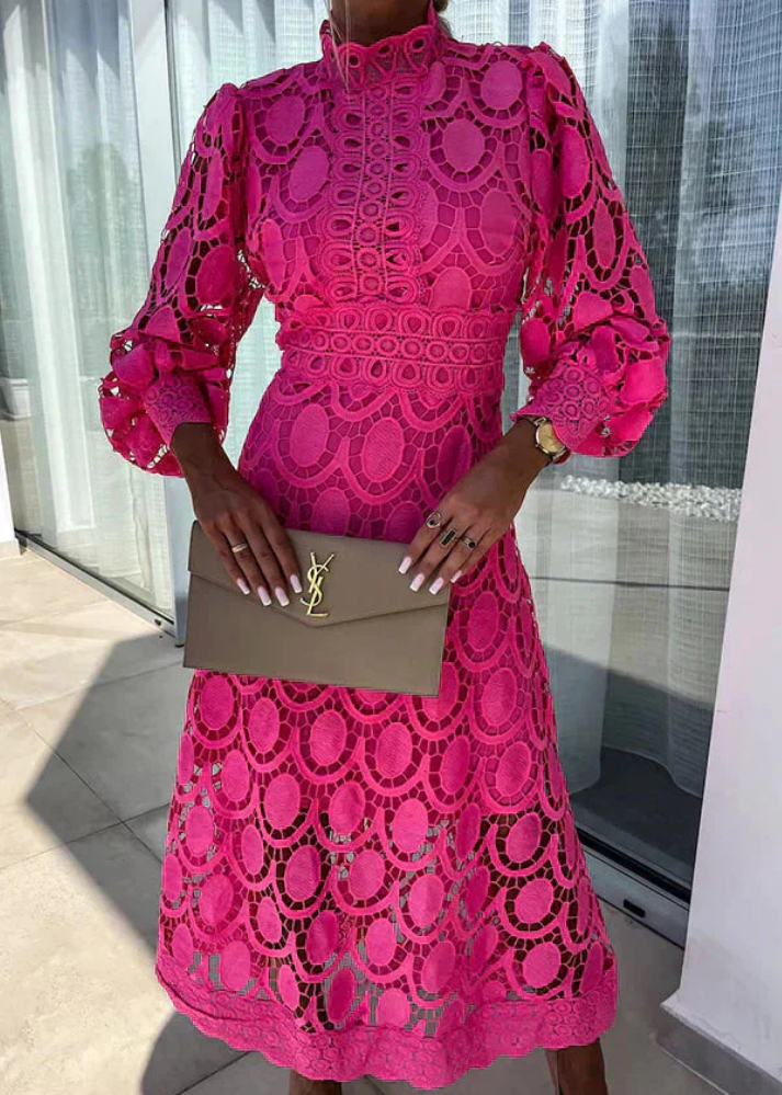 Elegant Lace Midi Dress for Women with Mock Neck Long Sleeve Belted Waist Formal Wedding Guest Style