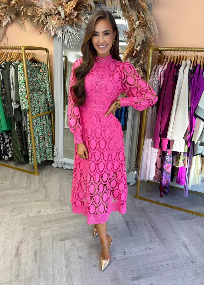 Elegant Lace Midi Dress for Women with Mock Neck Long Sleeve Belted Waist Formal Wedding Guest Style