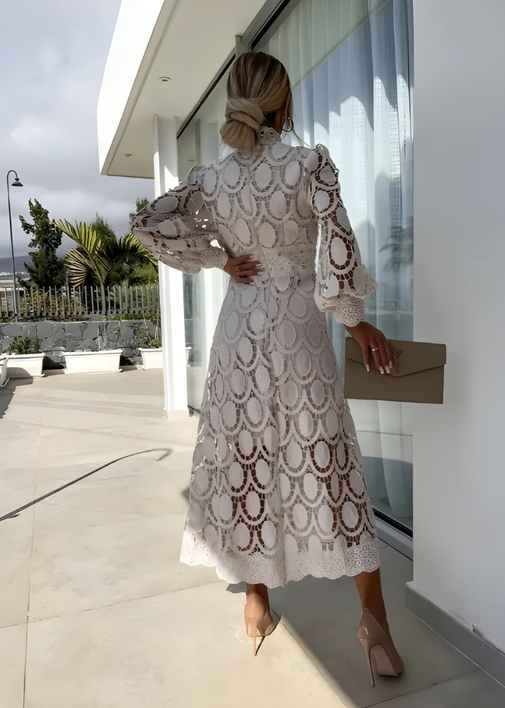 Elegant Lace Midi Dress for Women with Mock Neck Long Sleeve Belted Waist Formal Wedding Guest Style