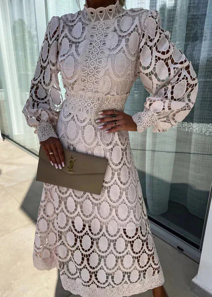 Elegant Lace Midi Dress for Women with Mock Neck Long Sleeve Belted Waist Formal Wedding Guest Style
