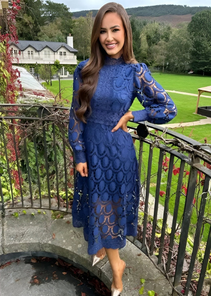Elegant Lace Midi Dress for Women with Mock Neck Long Sleeve Belted Waist Formal Wedding Guest Style