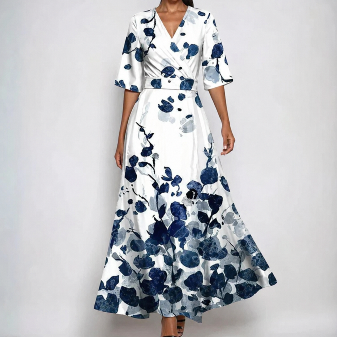 Camille | Satin Floral Wrap V Neck Belted Flare Maxi Dress