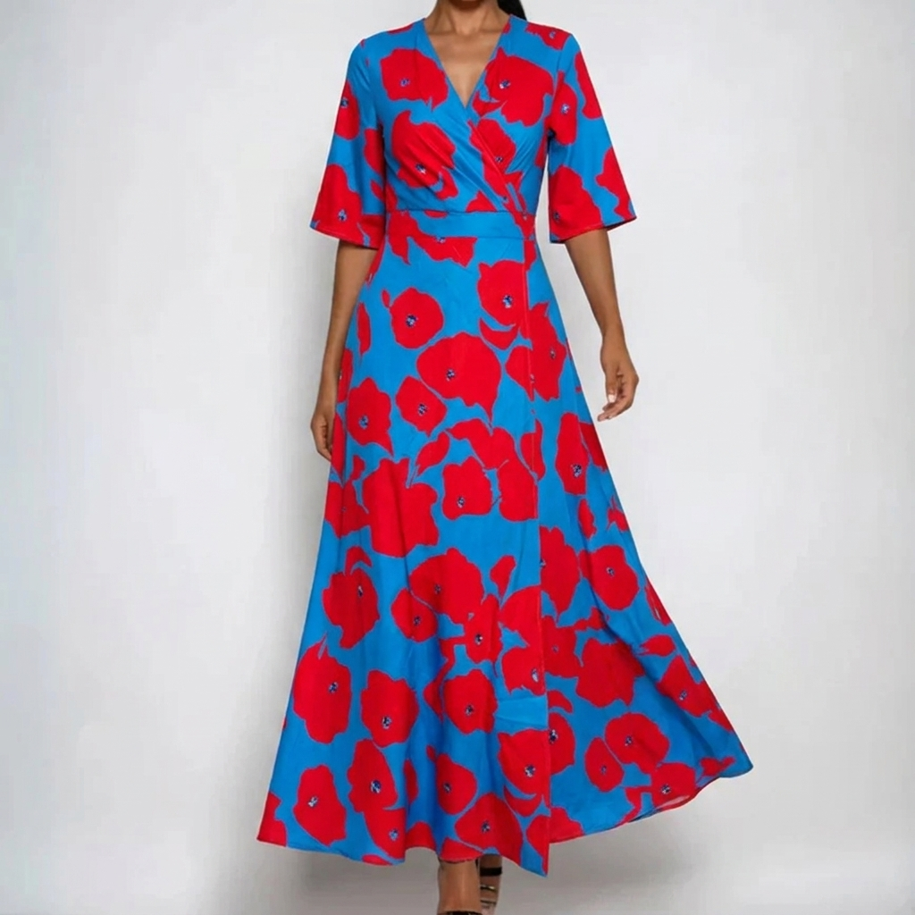 Camille | Satin Floral Wrap V Neck Belted Flare Maxi Dress