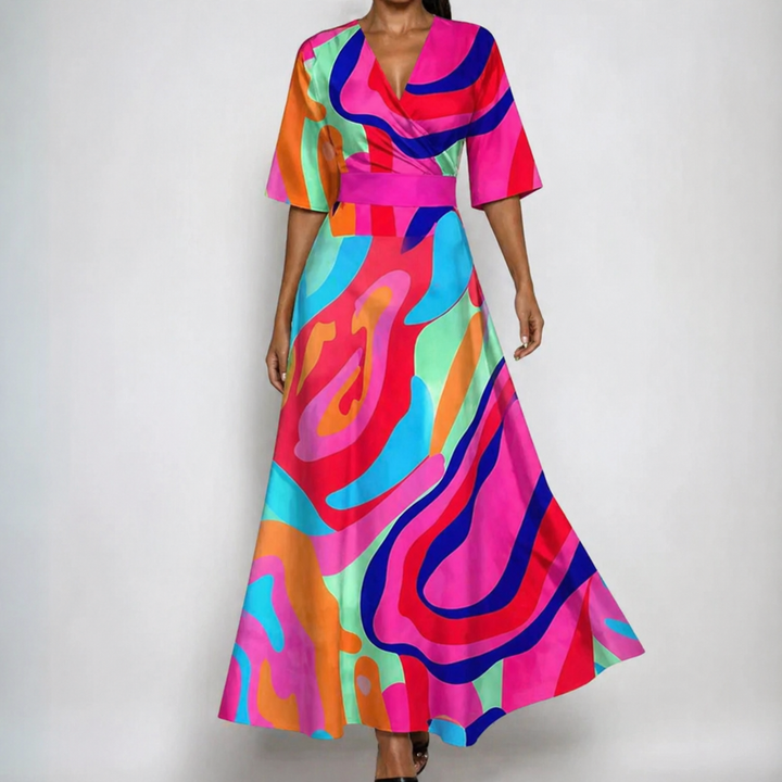 Camille | Satin Floral Wrap V Neck Belted Flare Maxi Dress