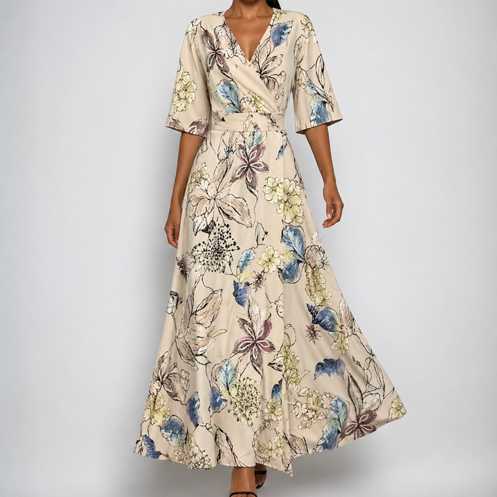 Camille | Satin Floral Wrap V Neck Belted Flare Maxi Dress