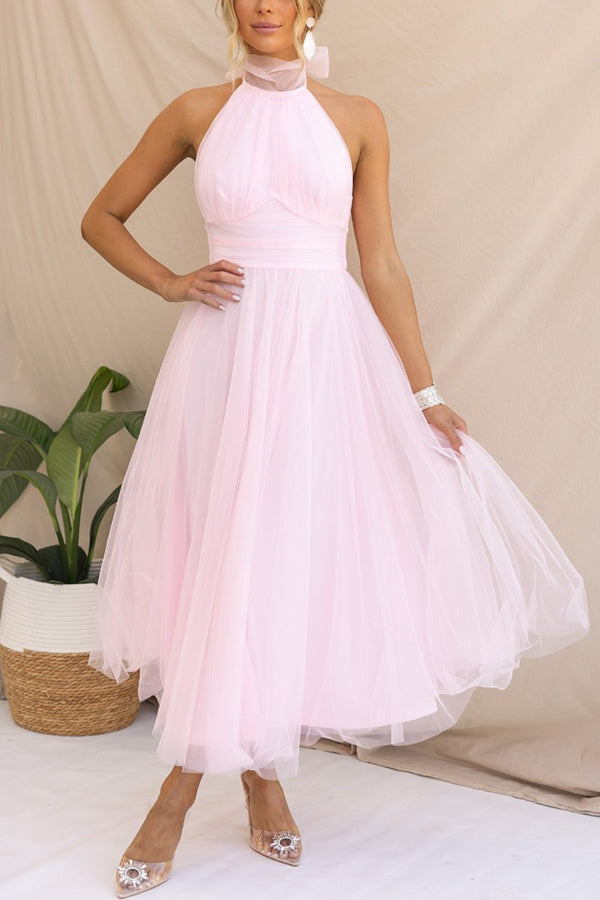 Elegant Tulle Maxi Dress for Women with Halter Neck Sleeveless Flowy Formal Wedding Guest Style