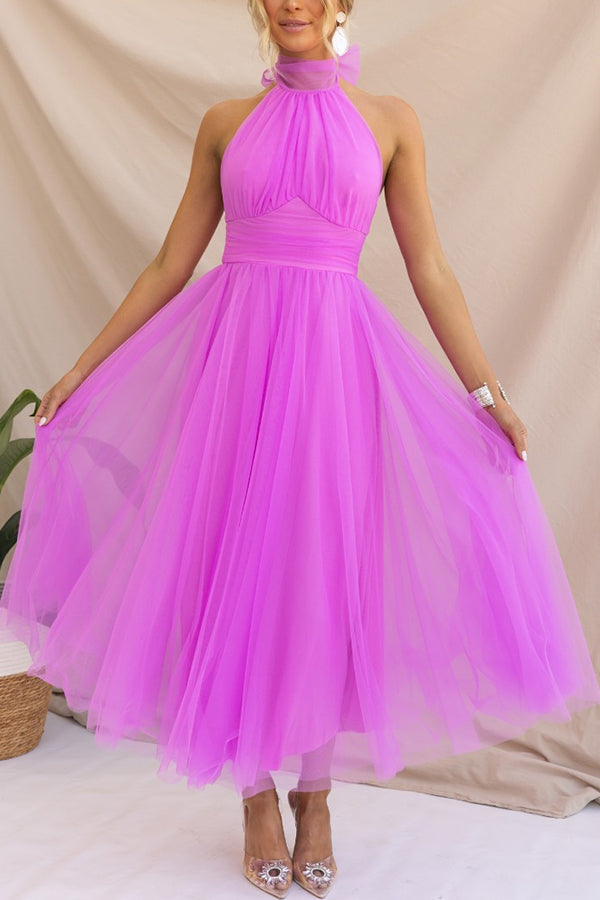 Elegant Tulle Maxi Dress for Women with Halter Neck Sleeveless Flowy Formal Wedding Guest Style