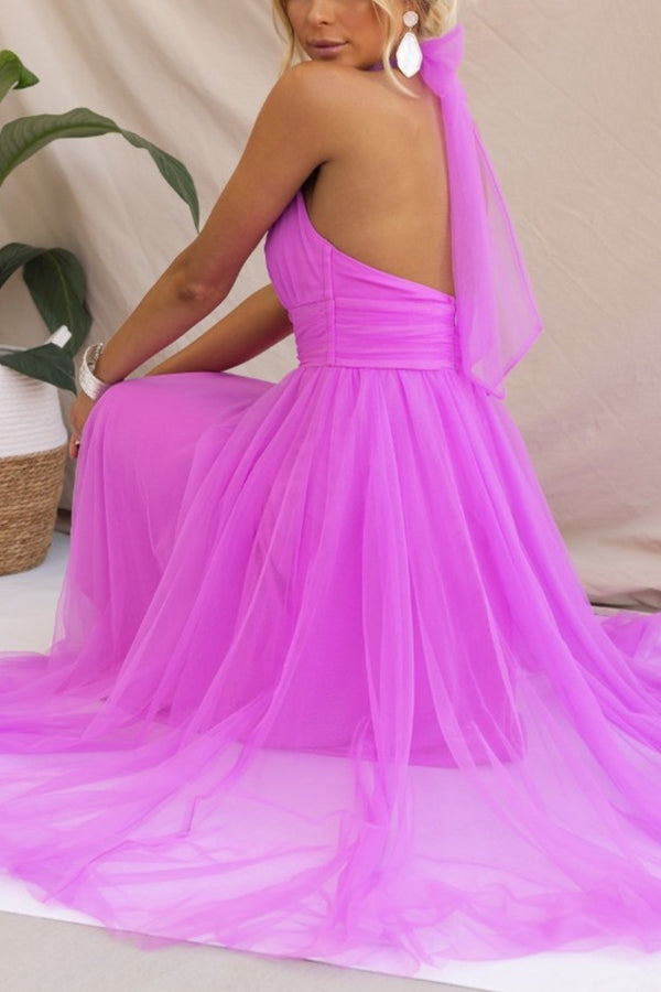 Elegant Tulle Maxi Dress for Women with Halter Neck Sleeveless Flowy Formal Wedding Guest Style