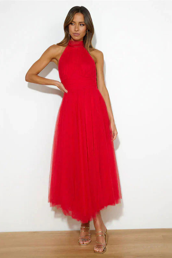 Elegant Tulle Maxi Dress for Women with Halter Neck Sleeveless Flowy Formal Wedding Guest Style