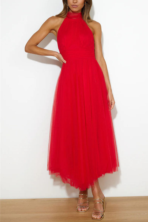 Elegant Tulle Maxi Dress for Women with Halter Neck Sleeveless Flowy Formal Wedding Guest Style