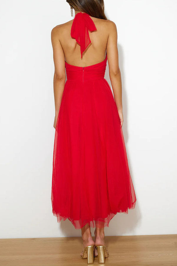 Elegant Tulle Maxi Dress for Women with Halter Neck Sleeveless Flowy Formal Wedding Guest Style