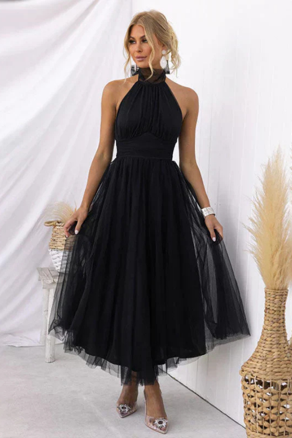 Elegant Tulle Maxi Dress for Women with Halter Neck Sleeveless Flowy Formal Wedding Guest Style