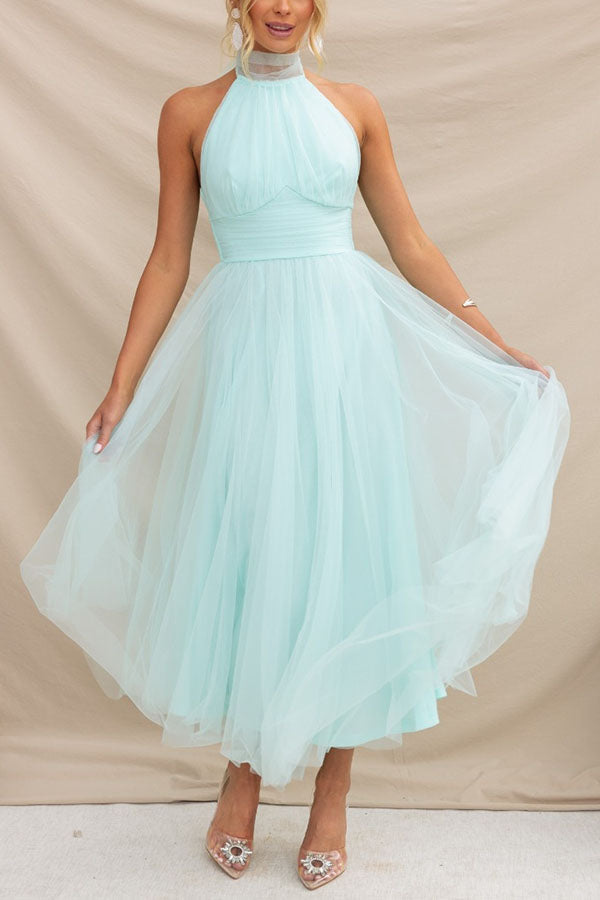 Elegant Tulle Maxi Dress for Women with Halter Neck Sleeveless Flowy Formal Wedding Guest Style