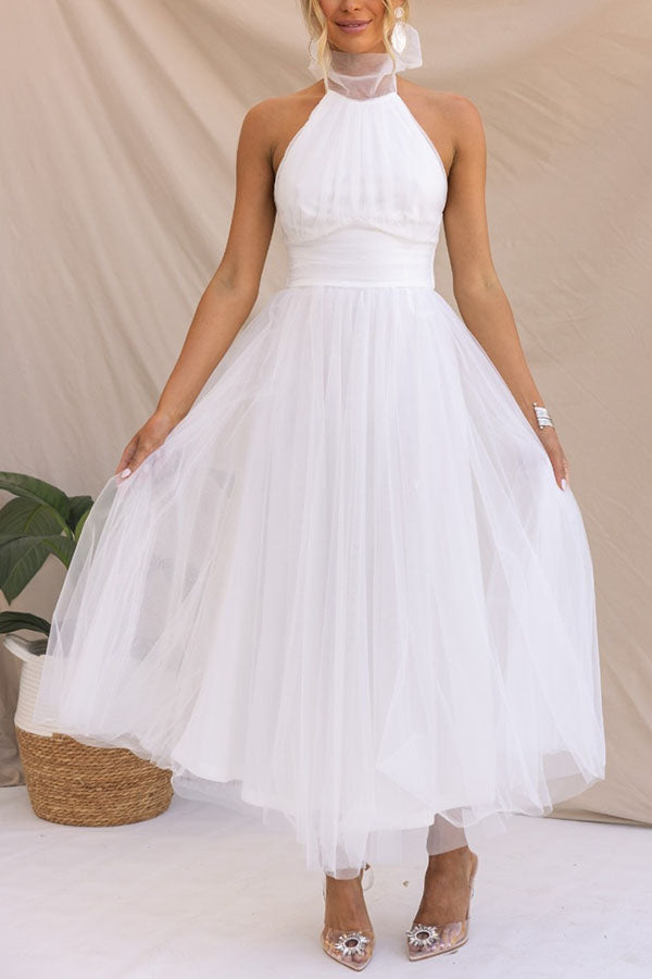 Elegant Tulle Maxi Dress for Women with Halter Neck Sleeveless Flowy Formal Wedding Guest Style