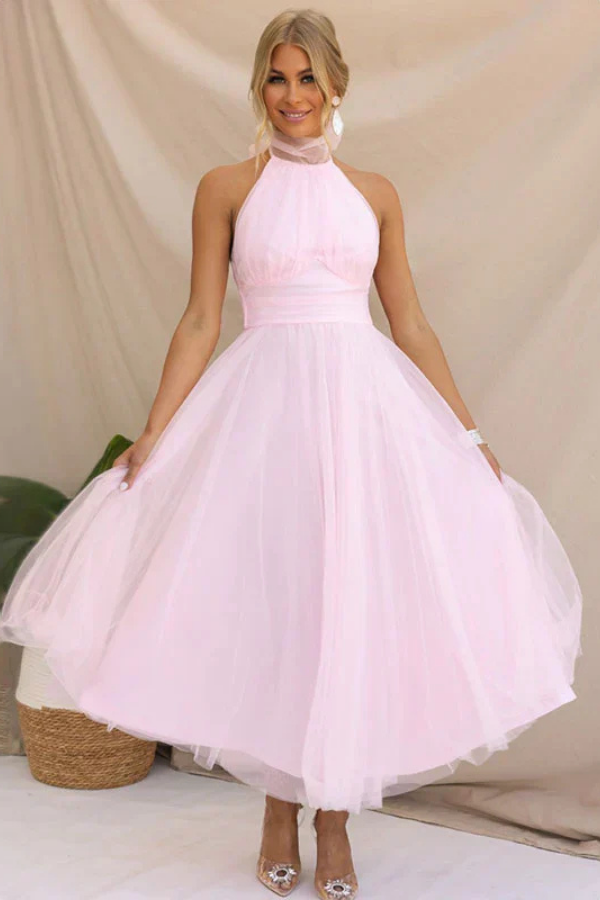 Elegant Tulle Maxi Dress for Women with Halter Neck Sleeveless Flowy Formal Wedding Guest Style