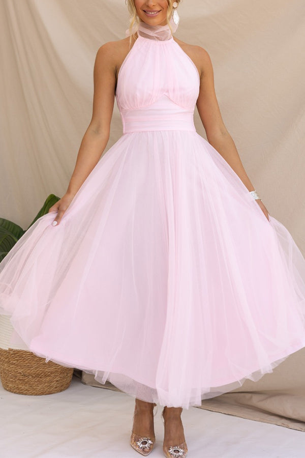 Elegant Tulle Maxi Dress for Women with Halter Neck Sleeveless Flowy Formal Wedding Guest Style