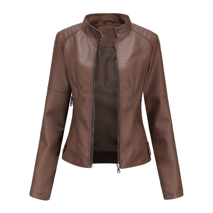 Effortless Faux Leather Biker Jacket for Women with Stand Collar Long Sleeve Cropped Zip Front Style