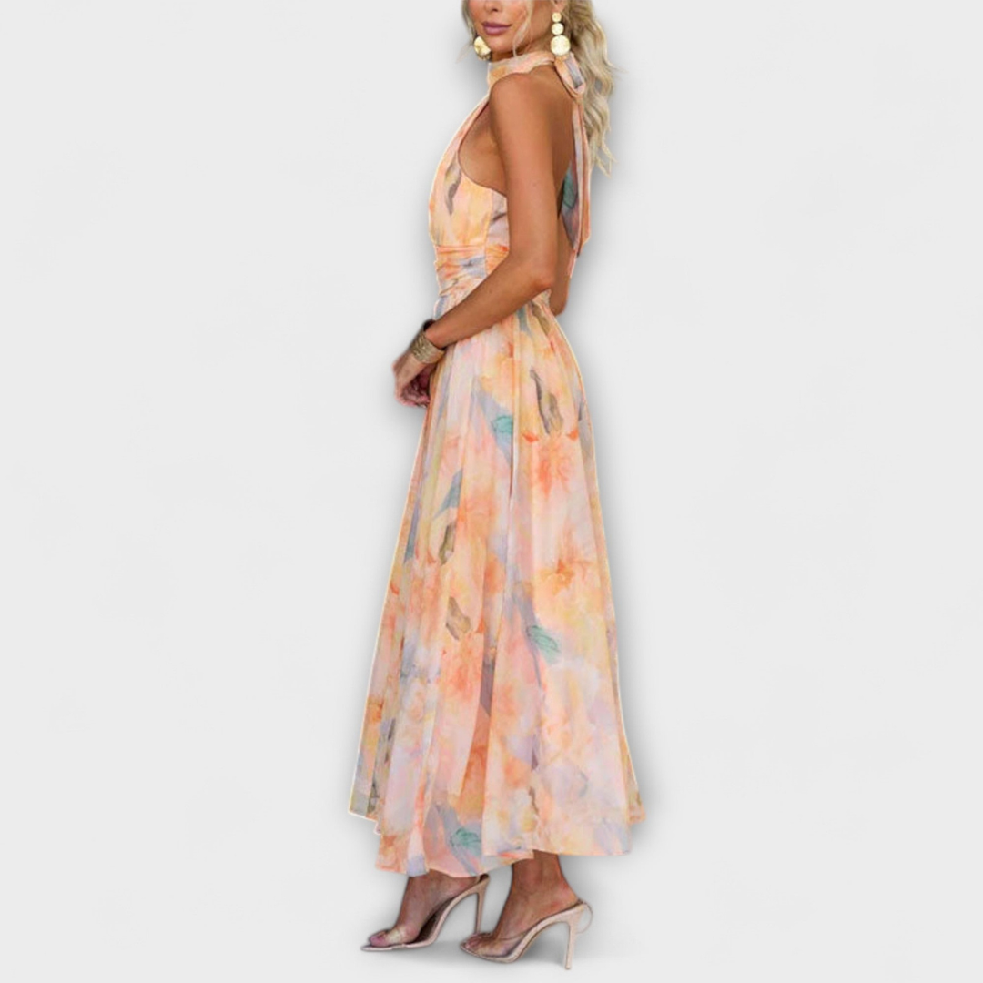 Reese | Chiffon Floral Halter Neck Wrap Waist Maxi Dress