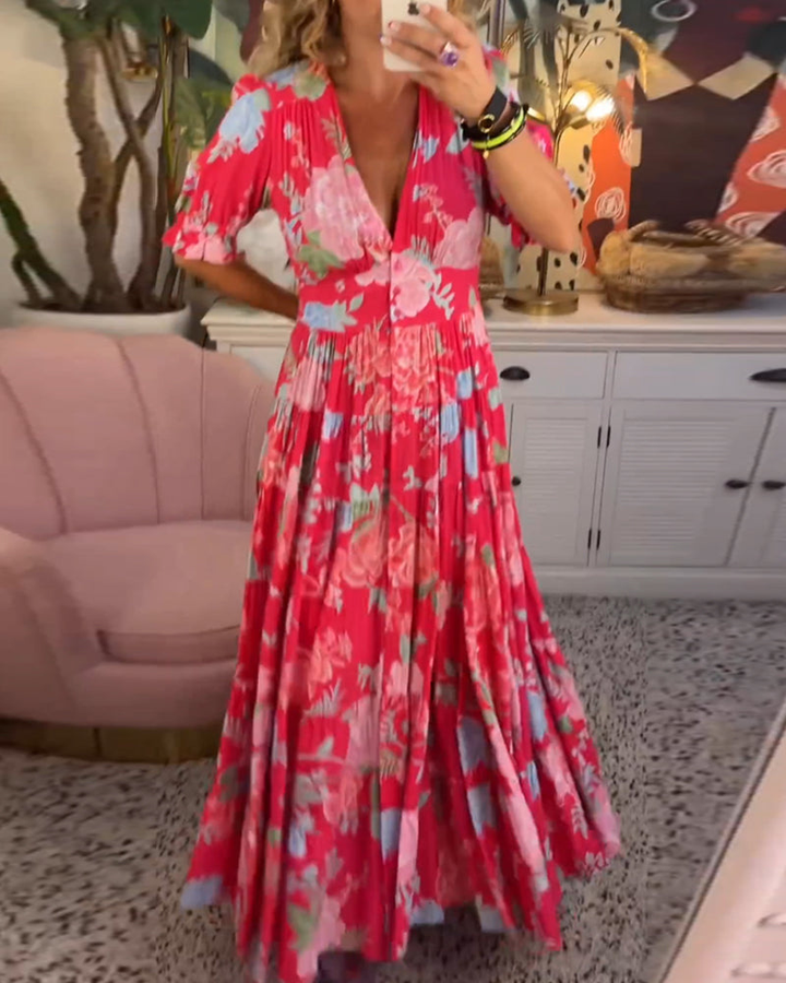 Effortless Floral Maxi Dress for Women with Deep V-Neck Short Sleeve Ruffle Tiered Flowy Style