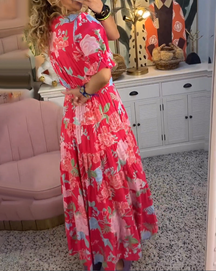 Effortless Floral Maxi Dress for Women with Deep V-Neck Short Sleeve Ruffle Tiered Flowy Style