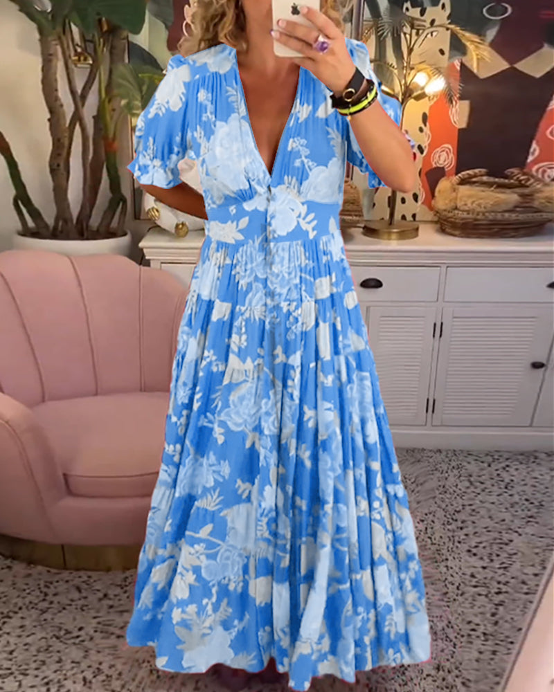 Effortless Floral Maxi Dress for Women with Deep V-Neck Short Sleeve Ruffle Tiered Flowy Style
