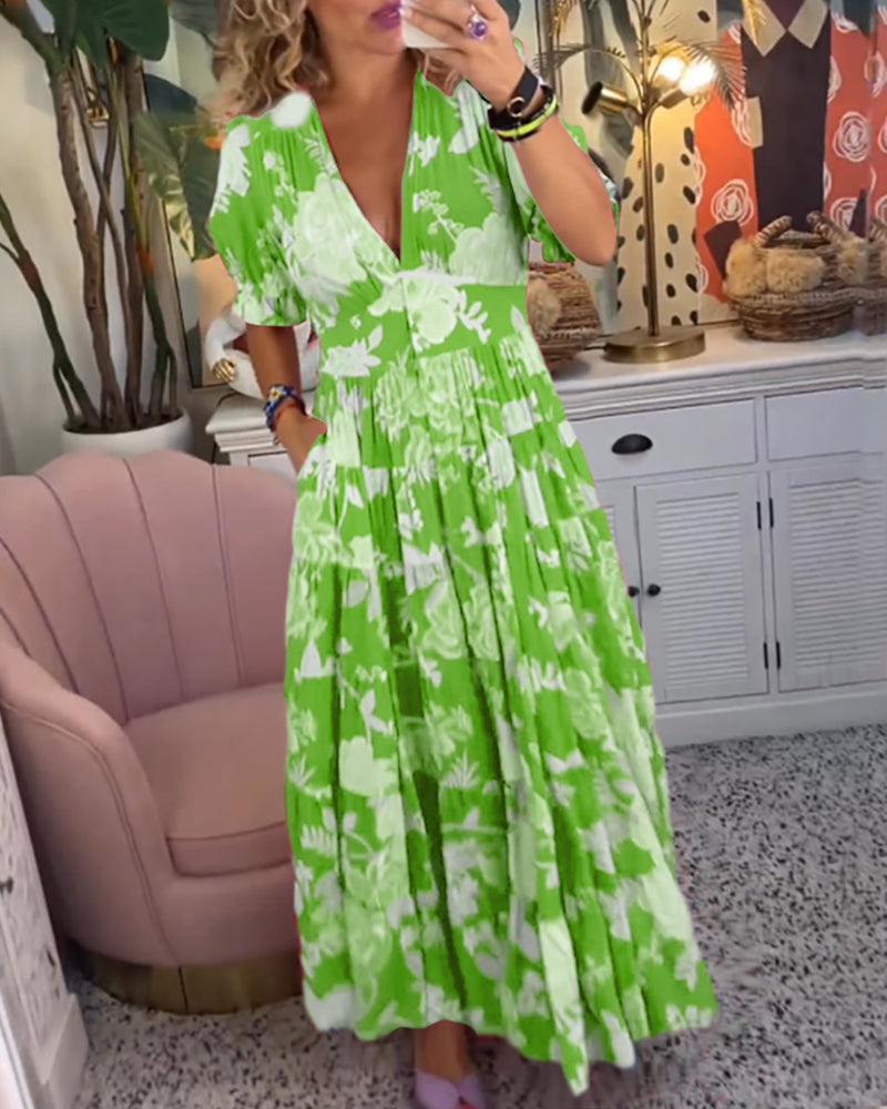 Effortless Floral Maxi Dress for Women with Deep V-Neck Short Sleeve Ruffle Tiered Flowy Style
