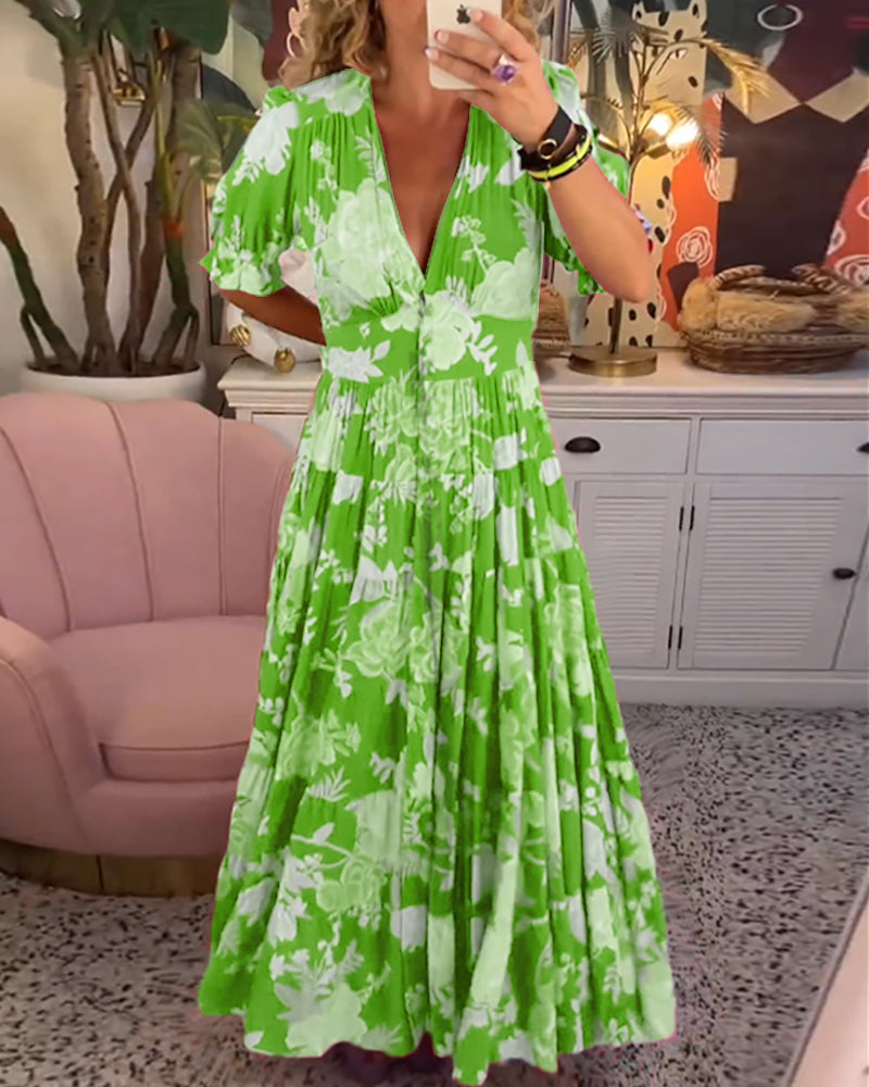 Effortless Floral Maxi Dress for Women with Deep V-Neck Short Sleeve Ruffle Tiered Flowy Style