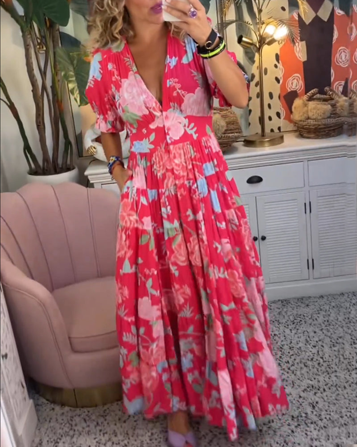 Effortless Floral Maxi Dress for Women with Deep V-Neck Short Sleeve Ruffle Tiered Flowy Style