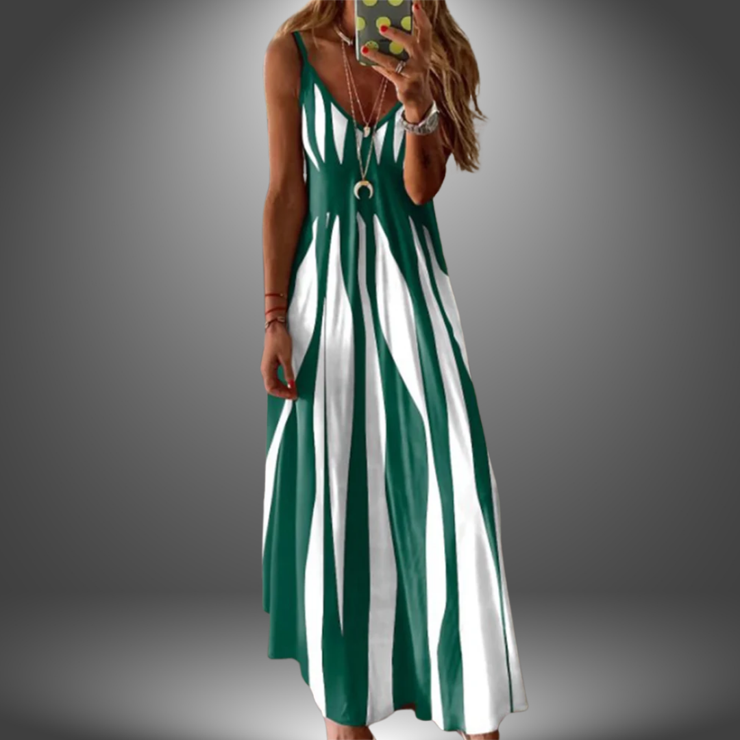 Iris | Stretch Striped Spaghetti Strap V Neck Maxi Dress