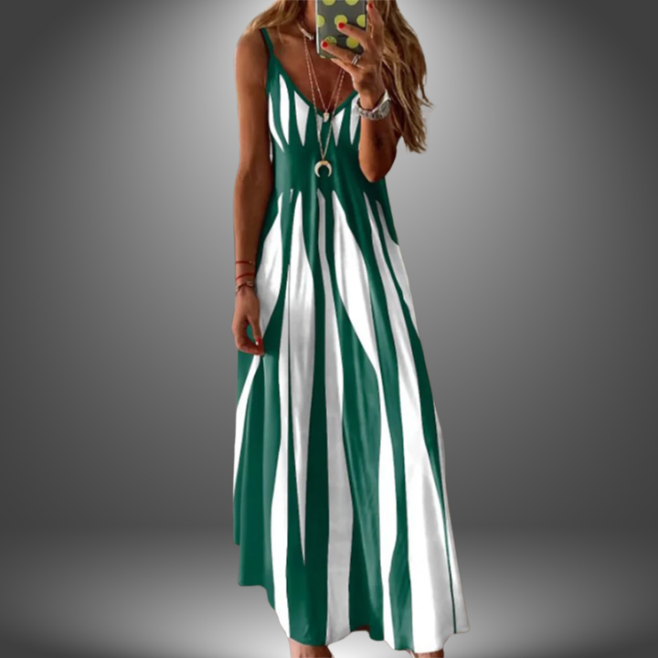Iris | Stretch Striped Spaghetti Strap V Neck Maxi Dress