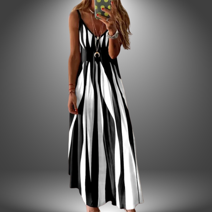 Iris | Stretch Striped Spaghetti Strap V Neck Maxi Dress