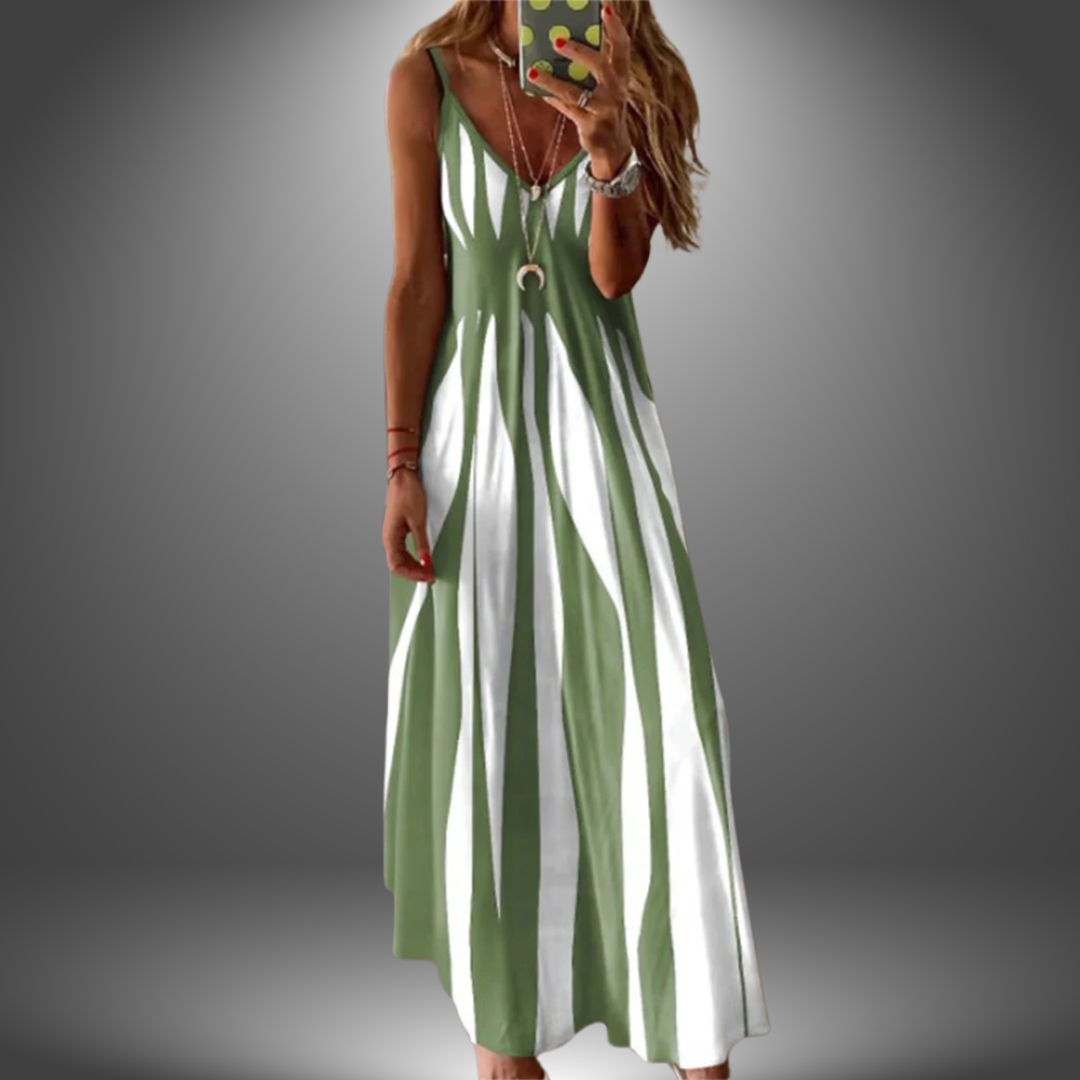 Iris | Stretch Striped Spaghetti Strap V Neck Maxi Dress