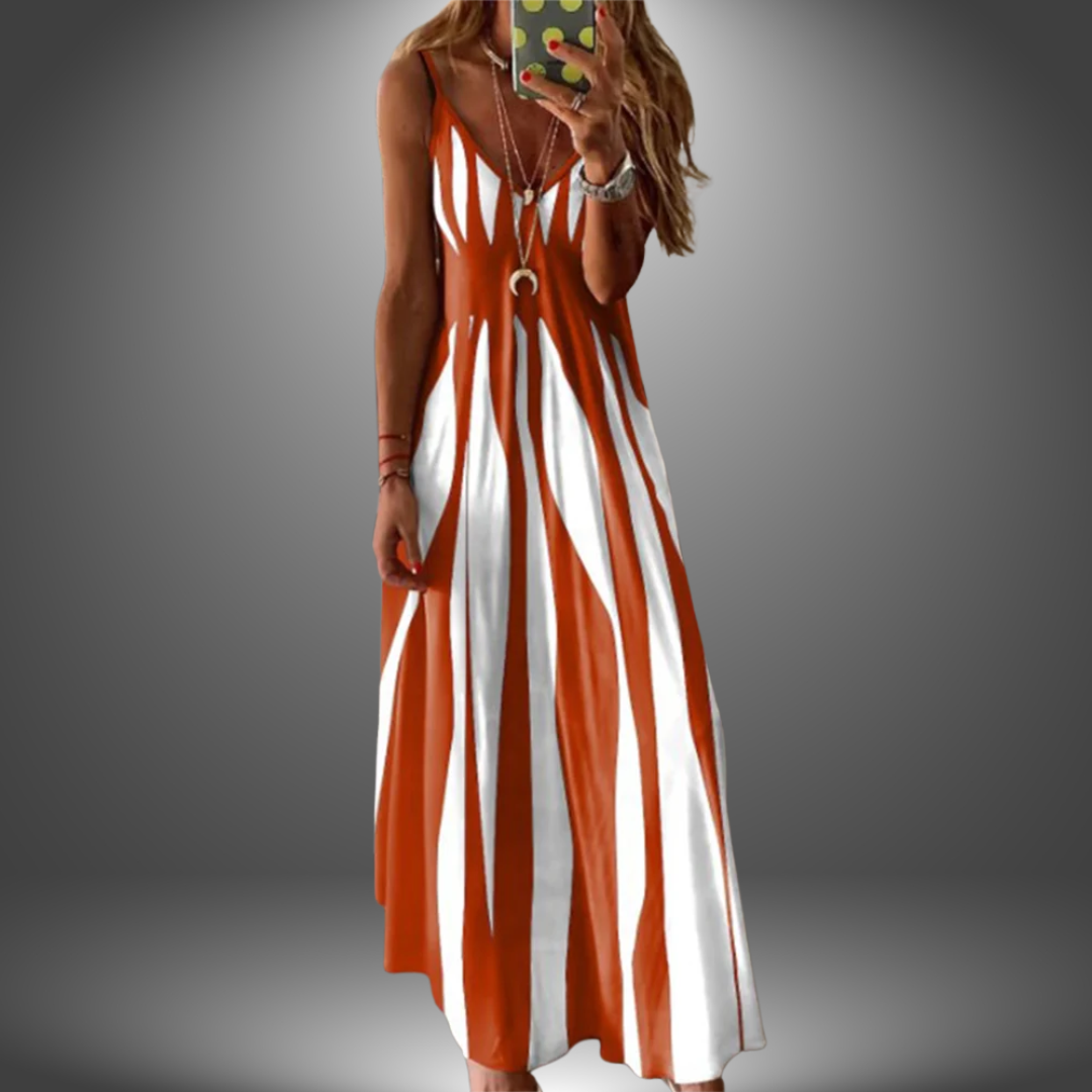 Iris | Stretch Striped Spaghetti Strap V Neck Maxi Dress