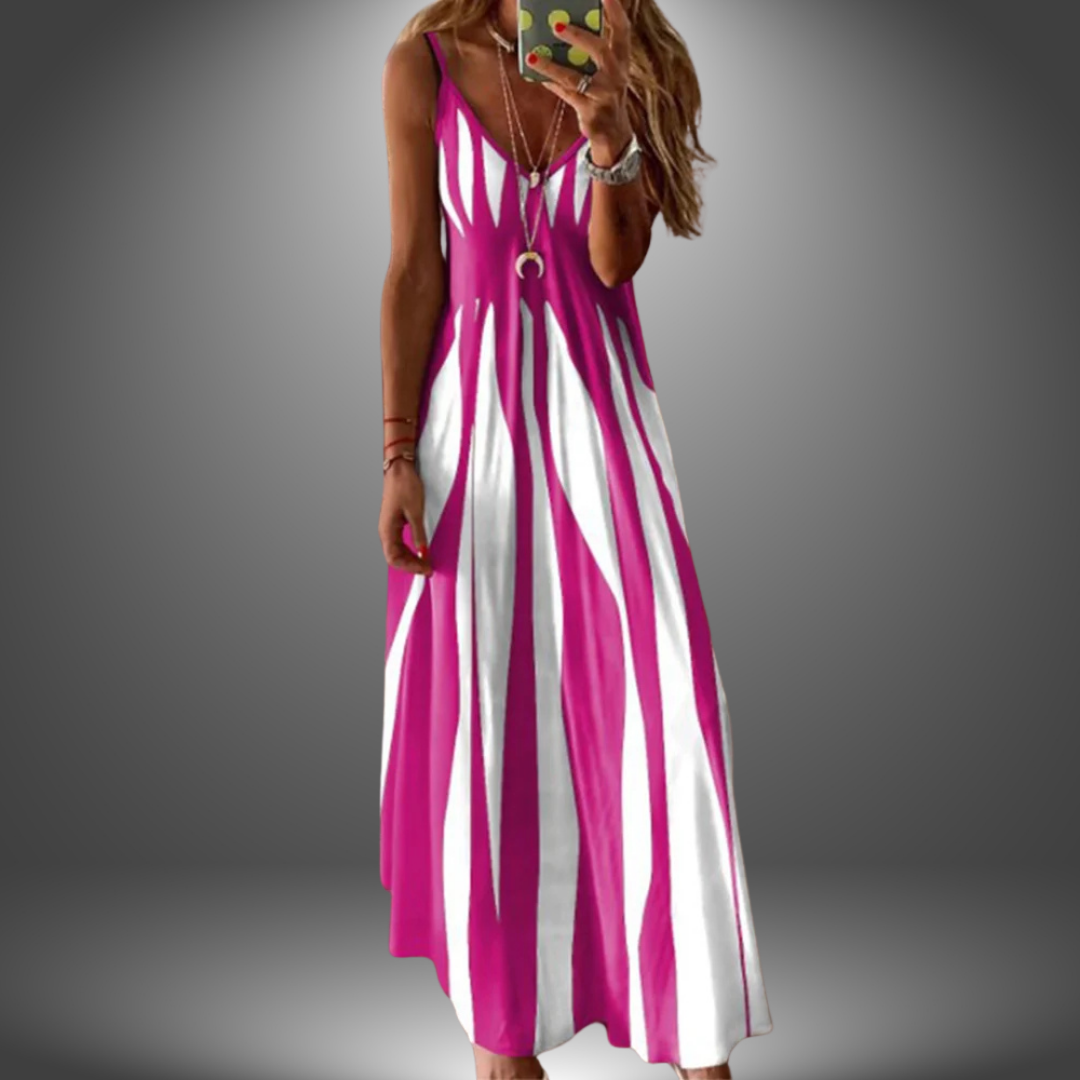 Iris | Stretch Striped Spaghetti Strap V Neck Maxi Dress