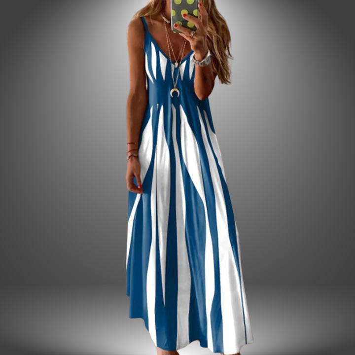 Iris | Stretch Striped Spaghetti Strap V Neck Maxi Dress