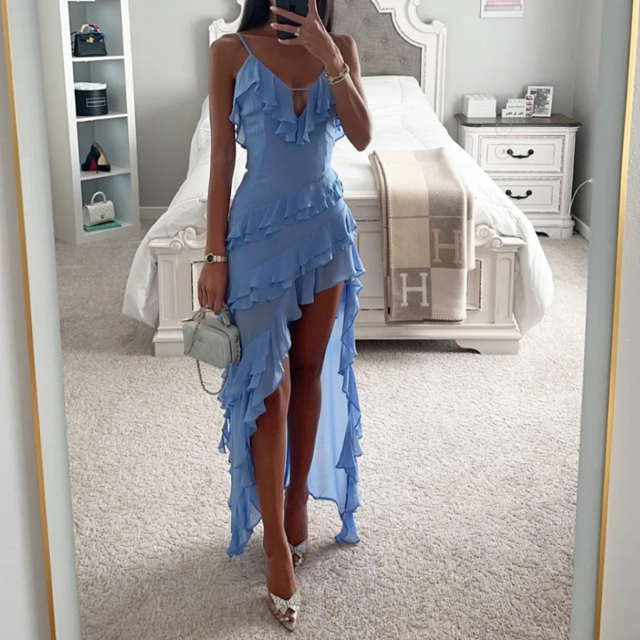 Elegant Blue Satin Maxi Dress for Women with Spaghetti Strap Ruffle High Slit Formal Wedding Guest Style