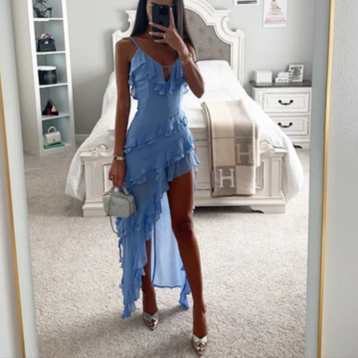 Elegant Blue Satin Maxi Dress for Women with Spaghetti Strap Ruffle High Slit Formal Wedding Guest Style