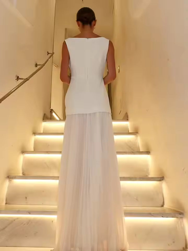 Elegant Pleated Maxi Dress for Women with Sleeveless Boat Neck Flowy Formal Wedding Guest Style