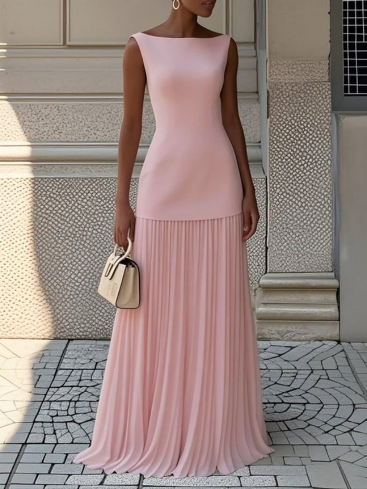 Elegant Pleated Maxi Dress for Women with Sleeveless Boat Neck Flowy Formal Wedding Guest Style