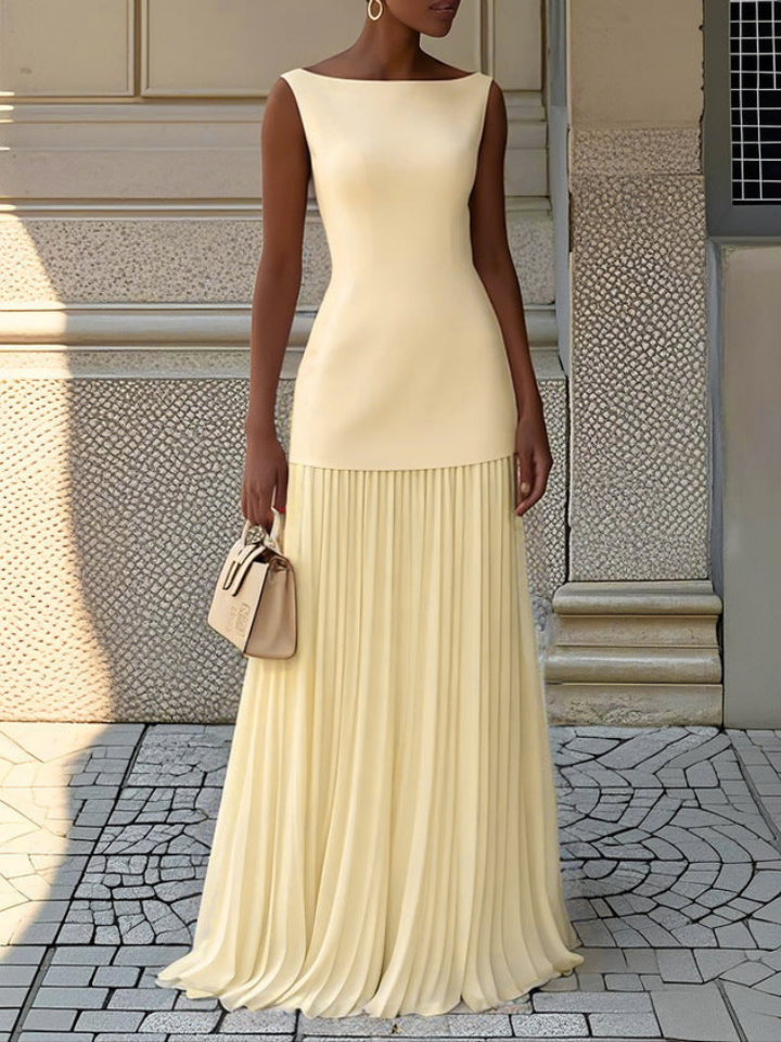Elegant Pleated Maxi Dress for Women with Sleeveless Boat Neck Flowy Formal Wedding Guest Style