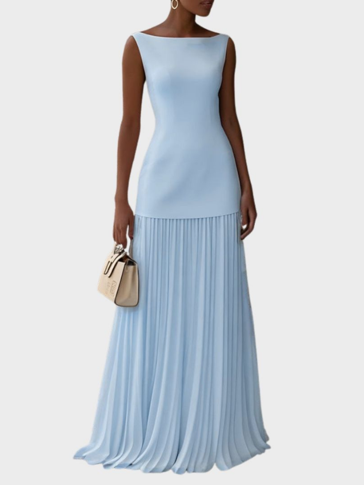 Elegant Pleated Maxi Dress for Women with Sleeveless Boat Neck Flowy Formal Wedding Guest Style
