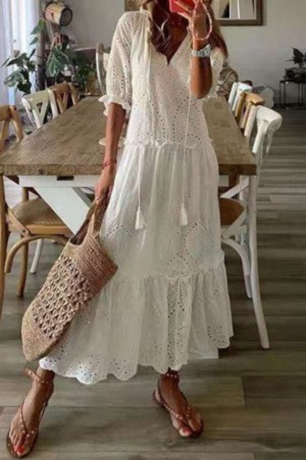June | Cotton Floral Tassel V Neck Elbow Sleeve Maxi Dress